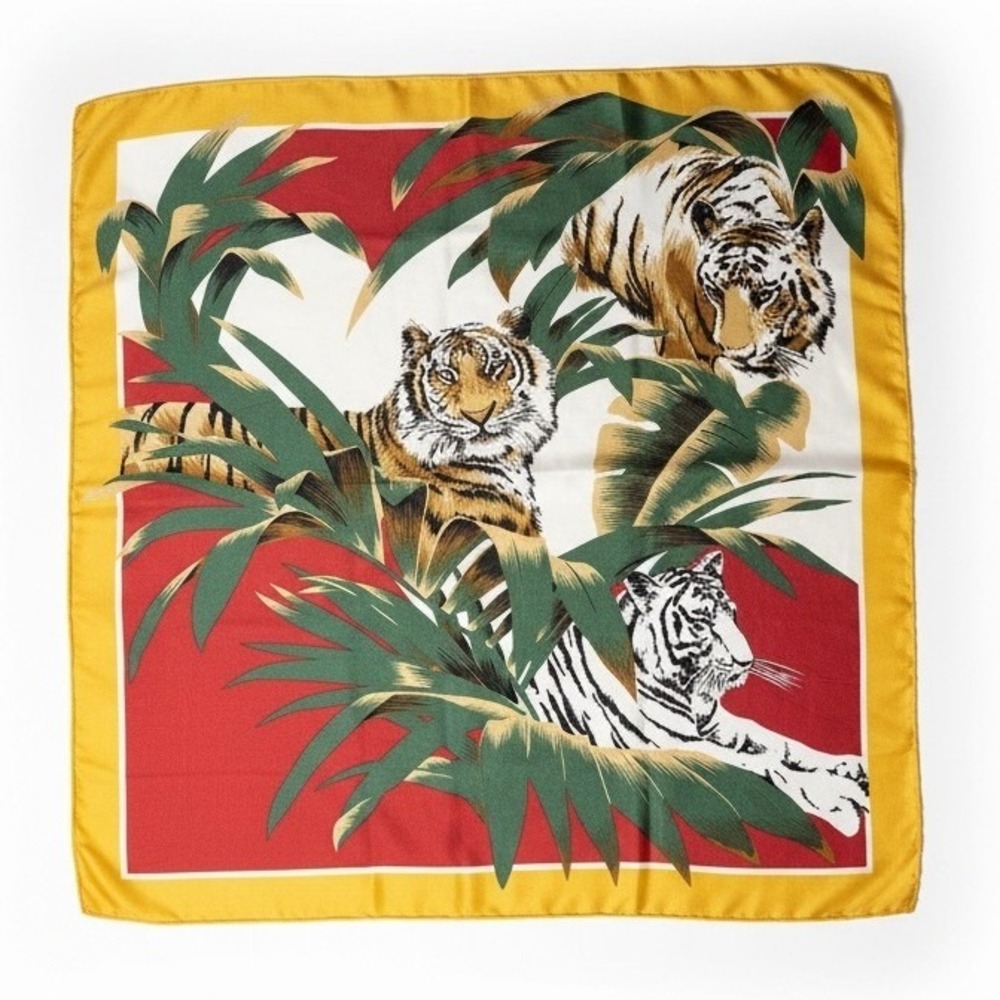 Organza Italy Tiger Jungle Print Square Scarf Yellow Red Green Tropical